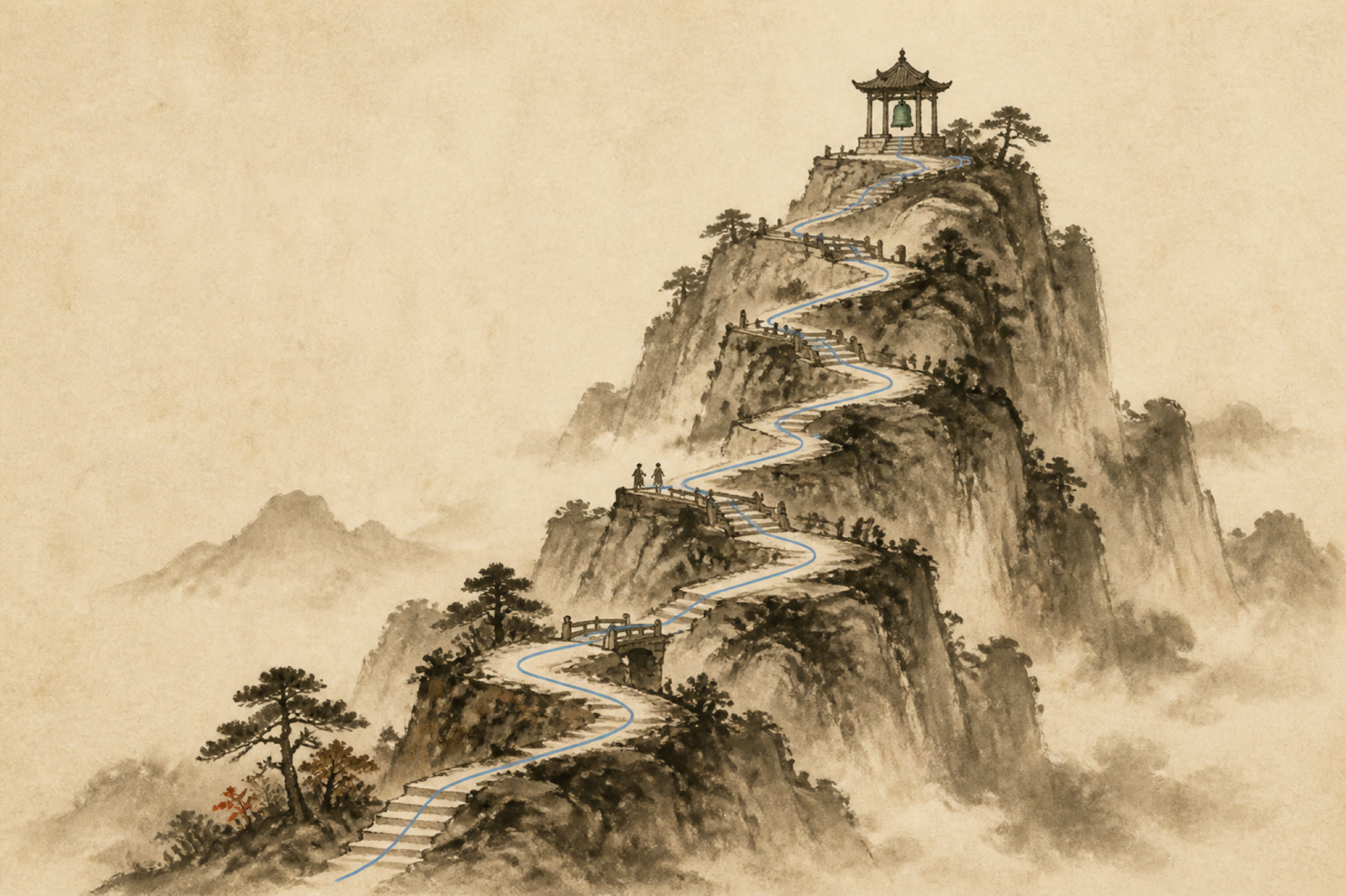 A stone path climbing an ink mountain in stages, a blue thread tracing the route to the summit pavilion.