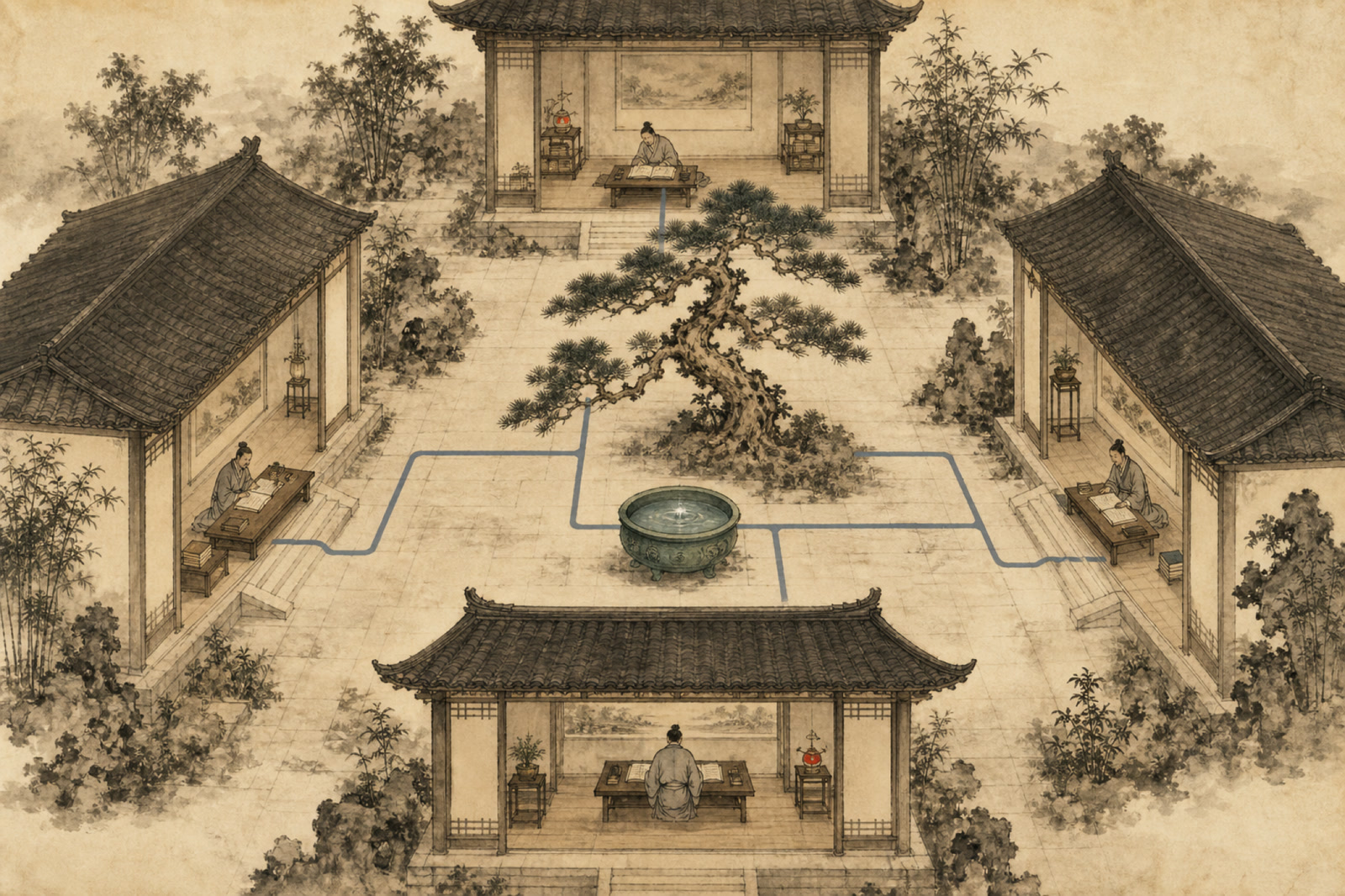 A scholar's courtyard where four open rooms face one shared court around a bronze water basin.