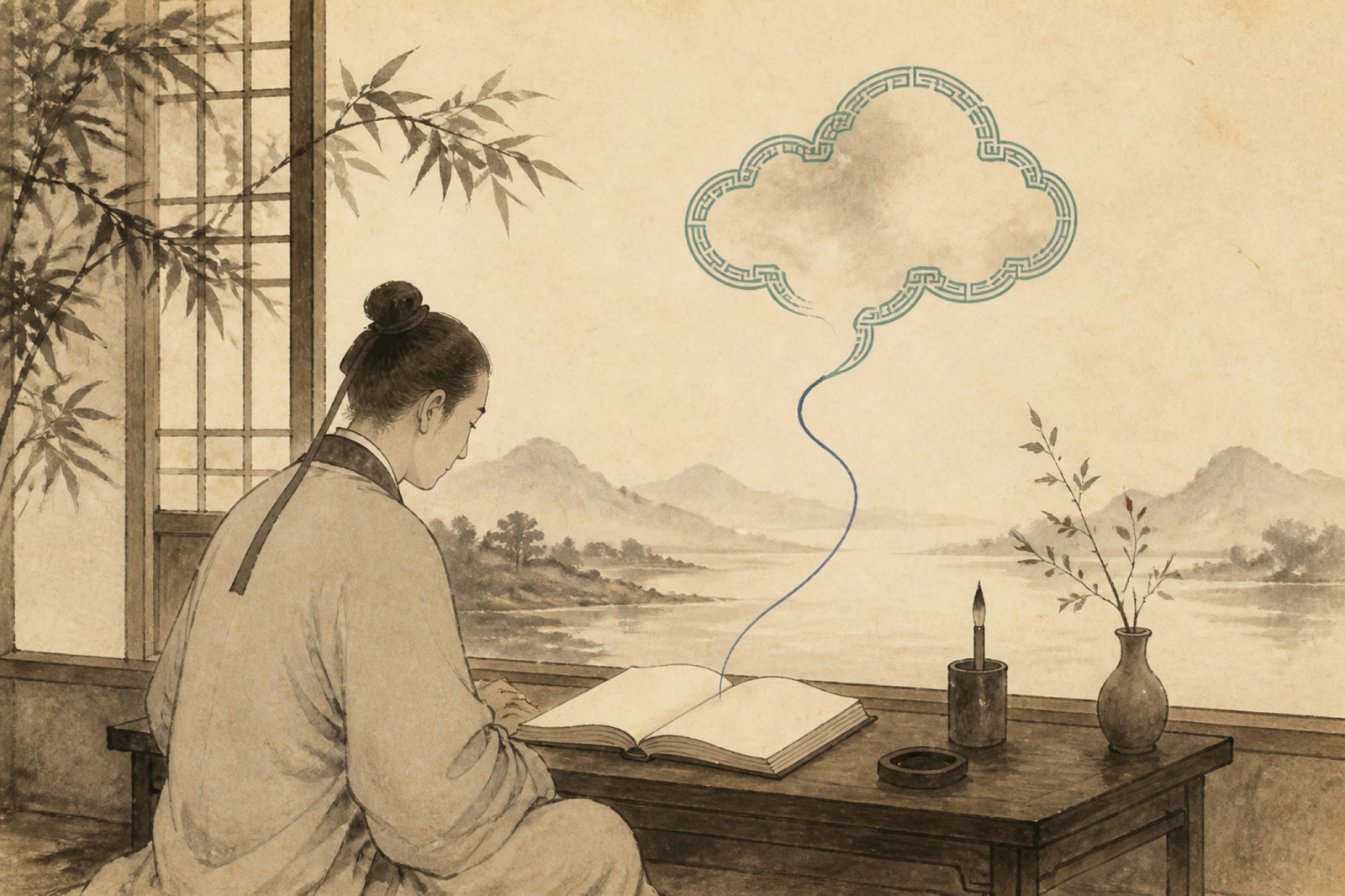 A reader at a low desk by a window, one ink thread lifting off the open page into a cloud edged with a bronze fret.