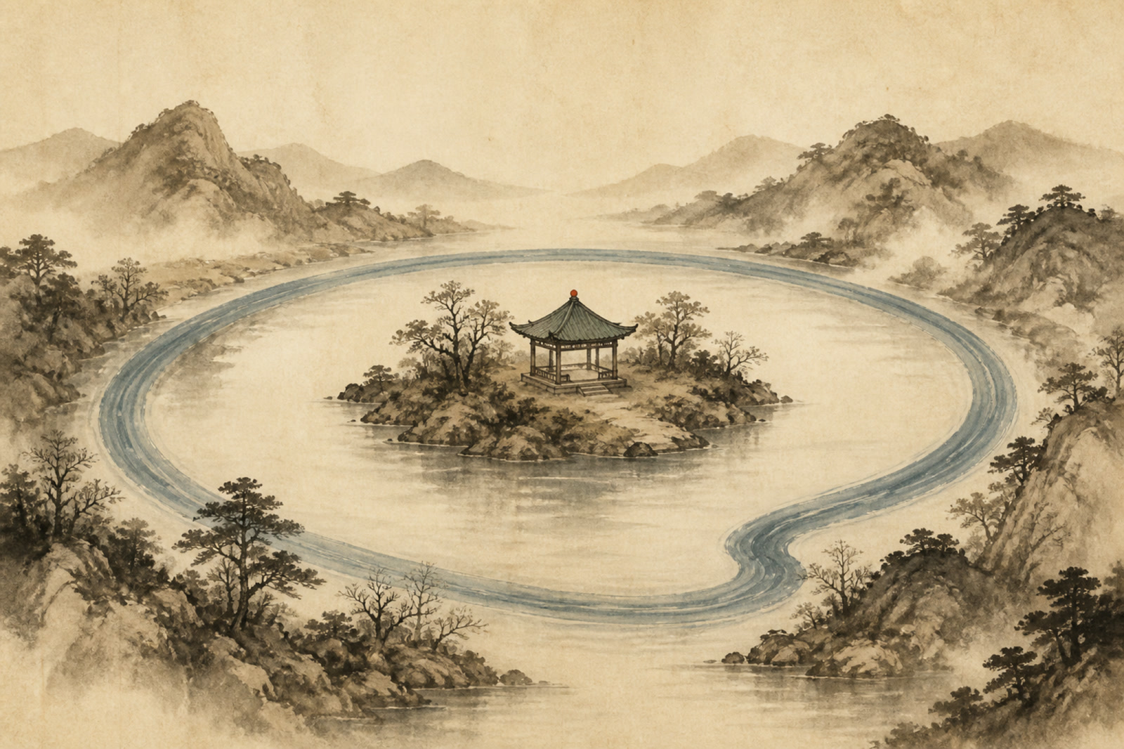 A river bending back on itself in a closed circle around a small island with one pavilion.