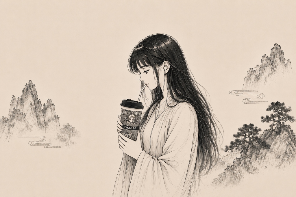Pencil drawing of a reader drinking from a cup with earphones, ink mountain ridges in the background.
